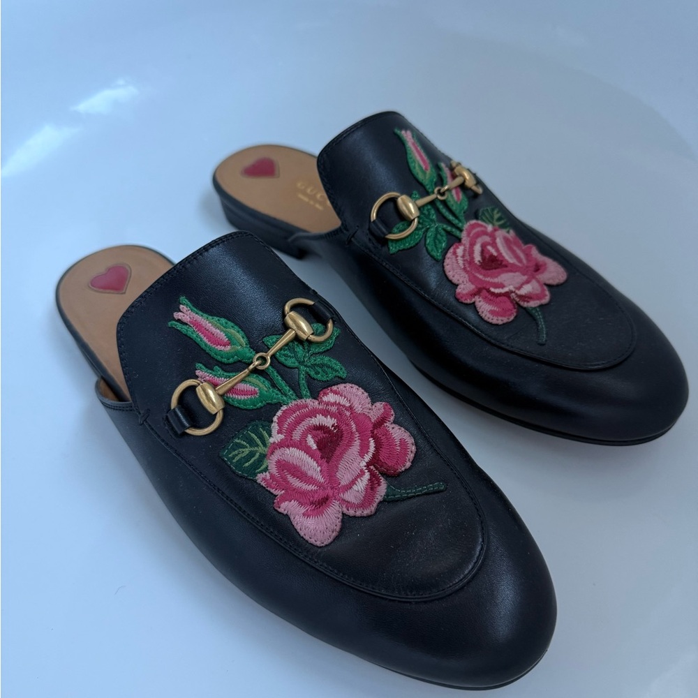 Gucci Black Mules with Pink Floral Embroidery